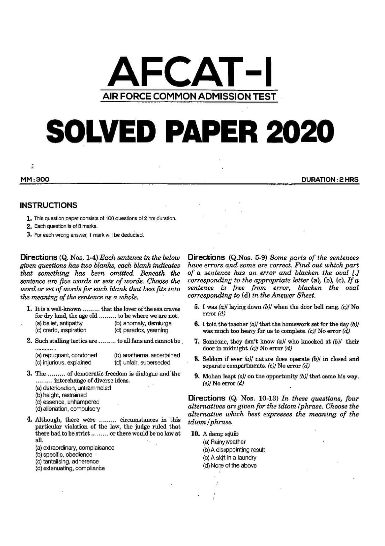 AFCAT 1 Question Paper 2020 — page 1