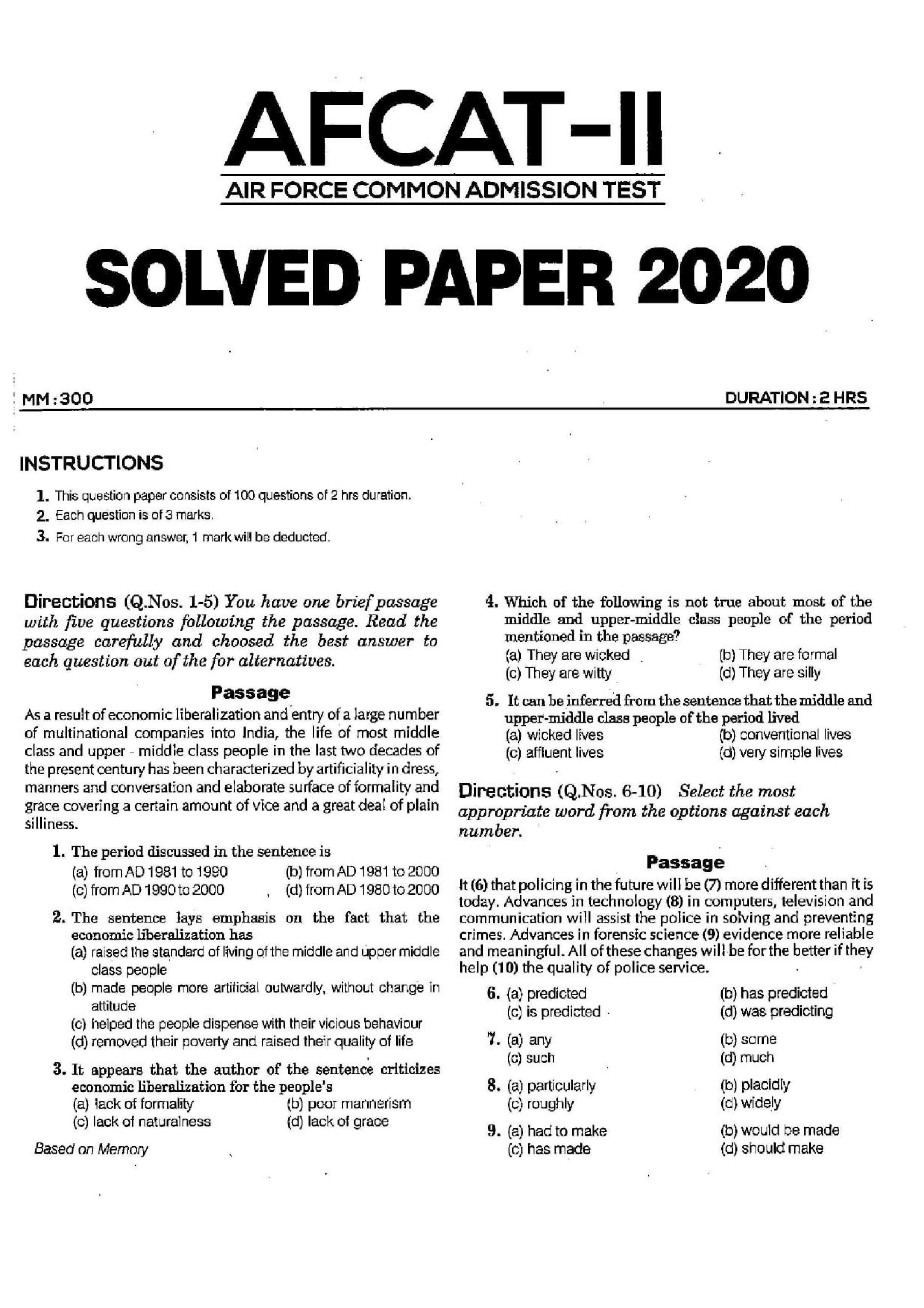 AFCAT 2 Question Paper 2020 — page 1
