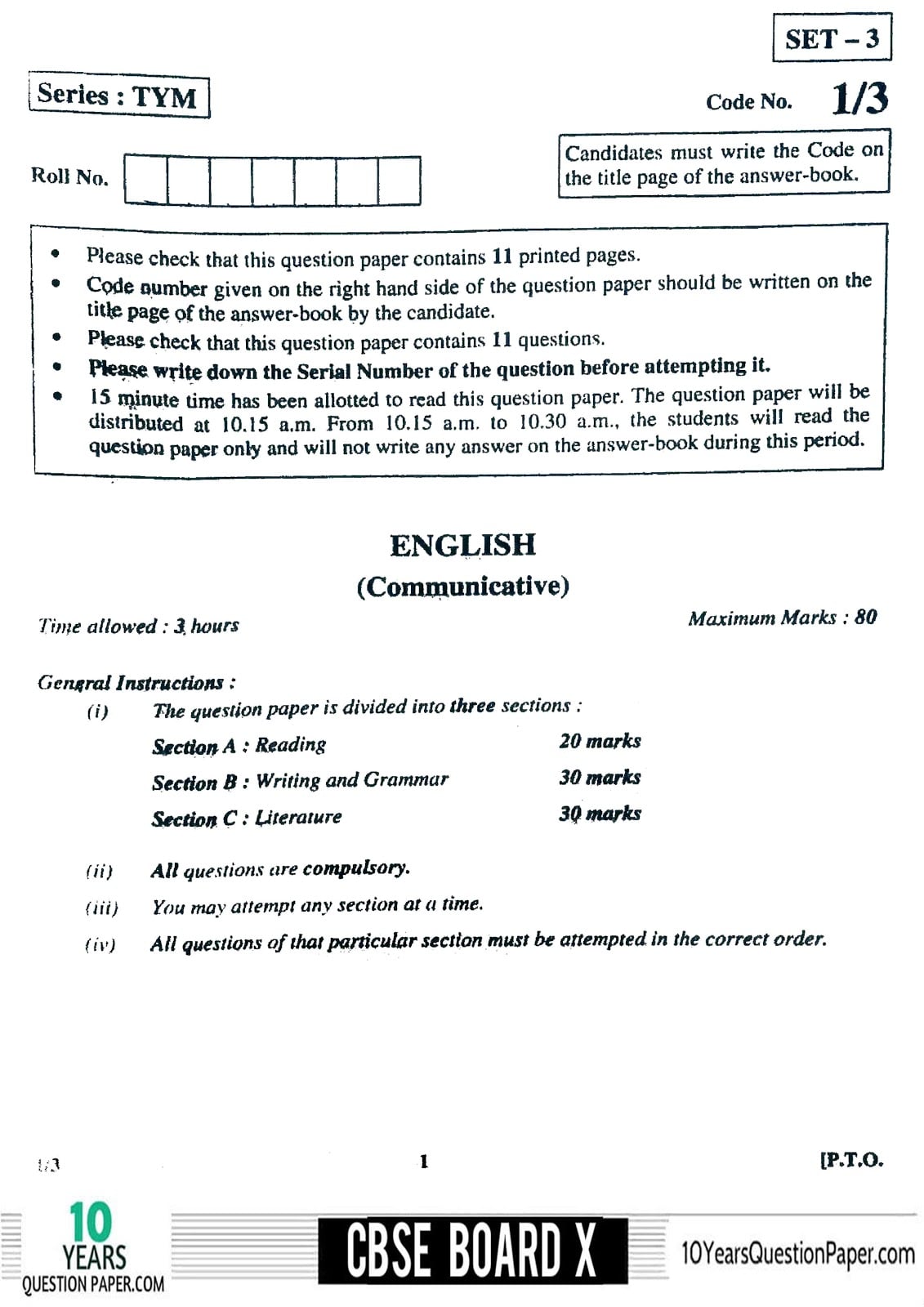 question class 10 exam Question Communicative 2018 CBSE Paper Class for 10 English