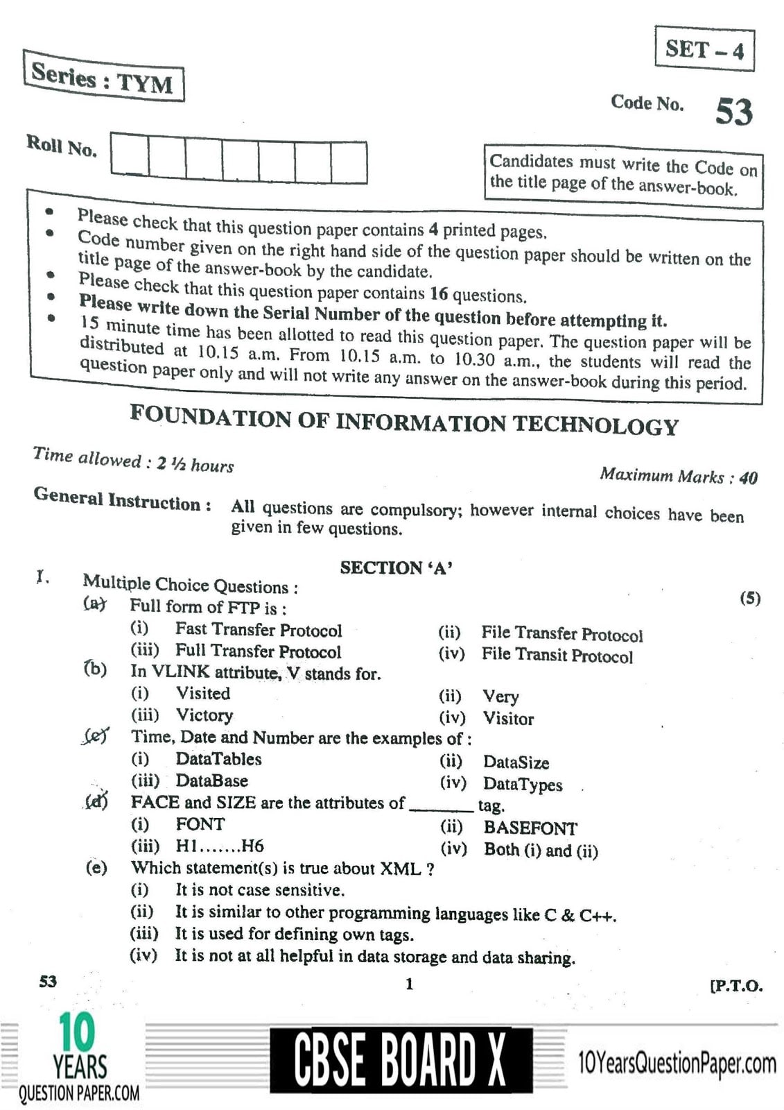 CBSE Class 10 Foundation of Information Technology 2018 Question Paper