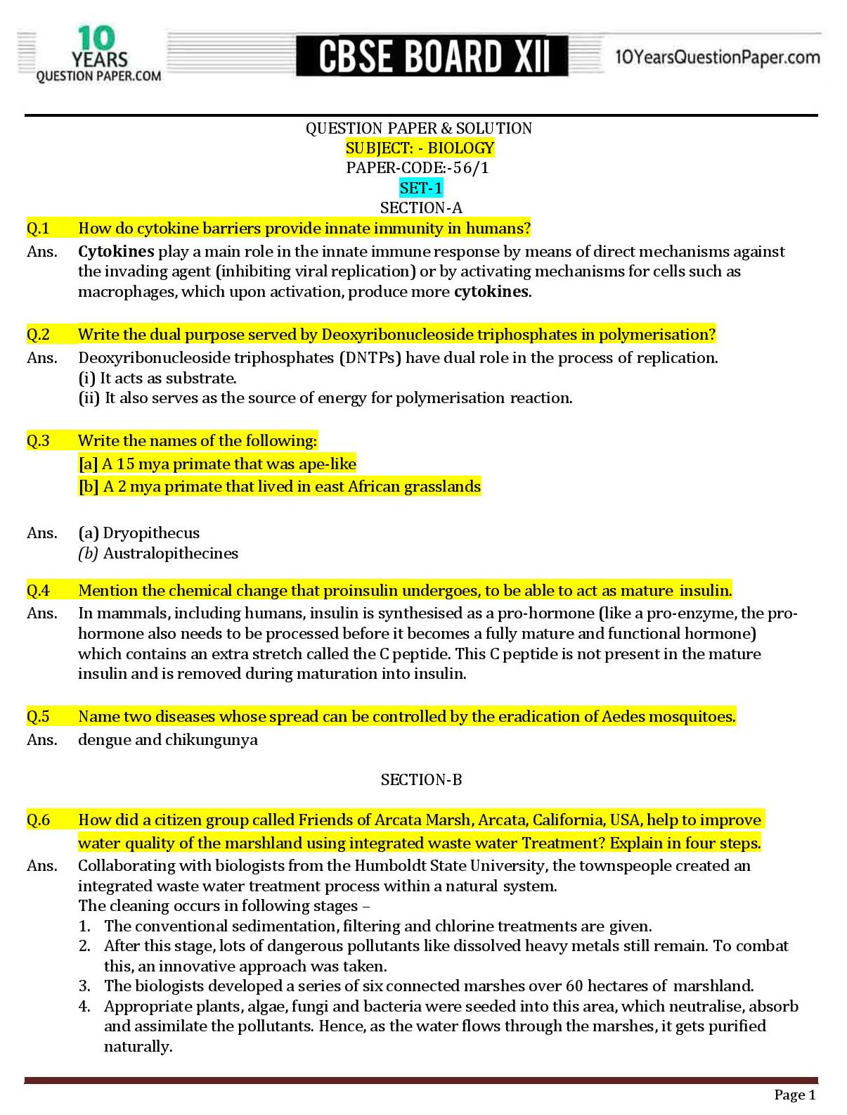 CBSE Class 12 Biology 2018 Solved Paper