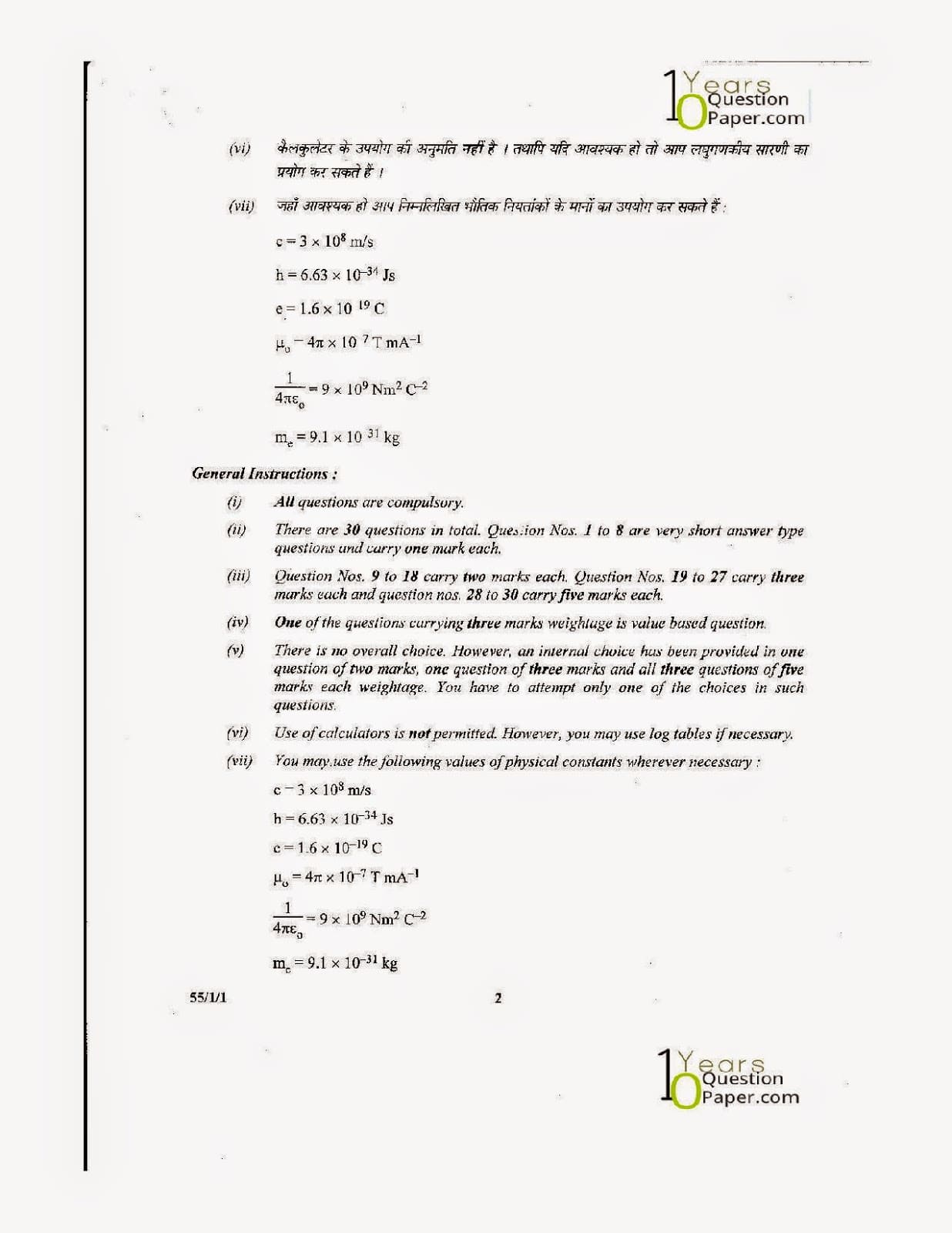 CBSE Class 12 Physics 2014 Question Paper