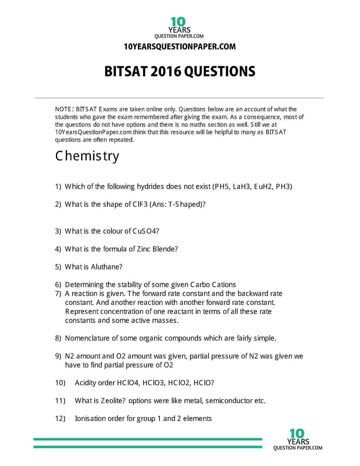 Bitsat 2016 Previous Year Question Paper