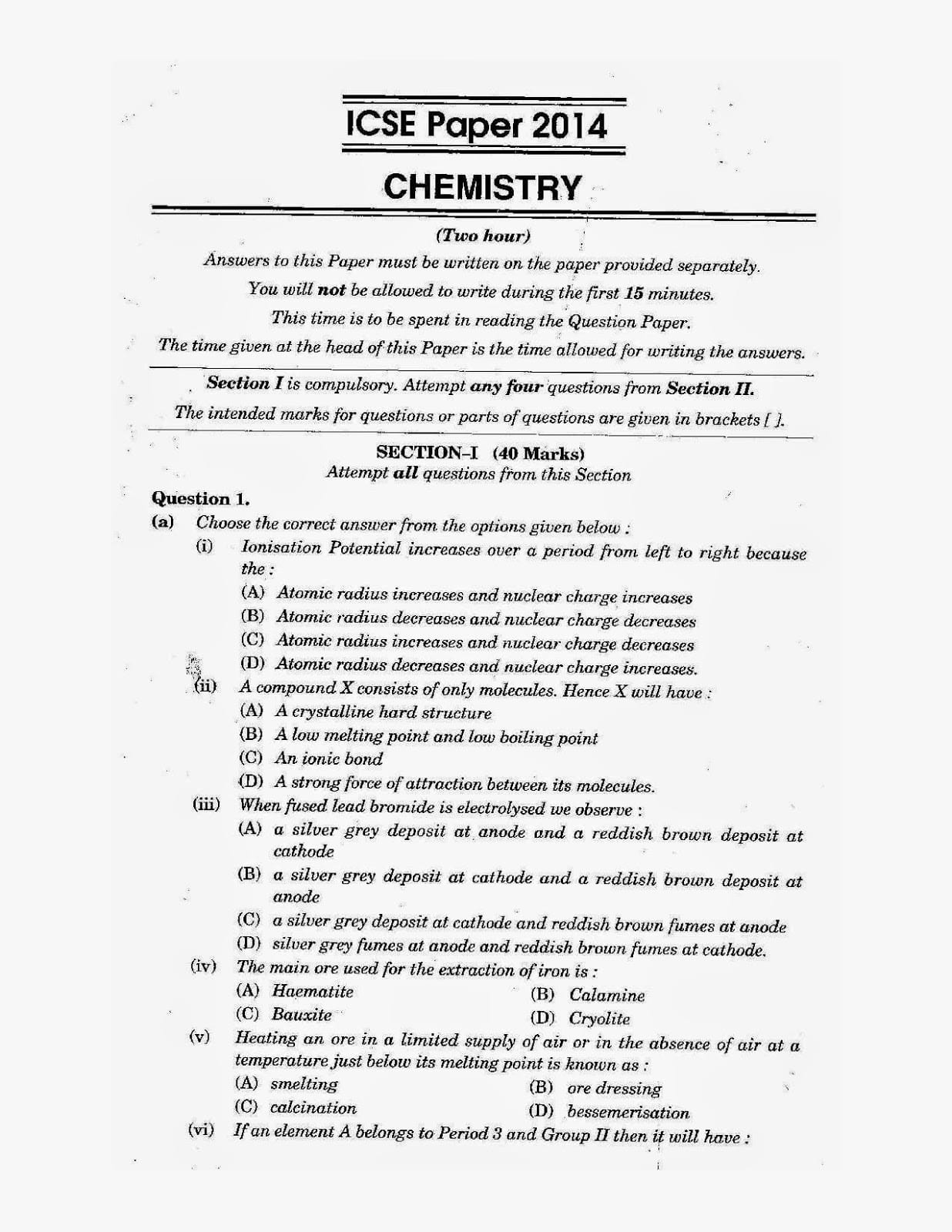 ICSE Class X 2014 Chemistry Question Paper ICSE Class 10 Chemistry 2014 Question Paper