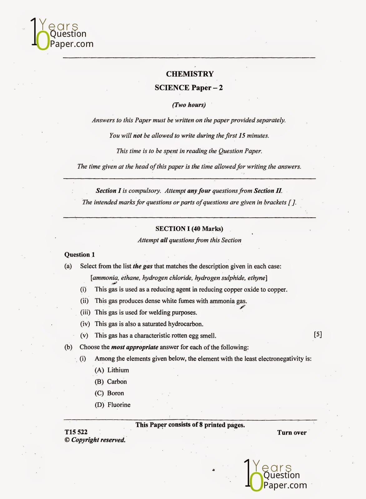 ICSE Class X 2015 Chemistry Question Paper ICSE Class 10 Chemistry 2015 Question Paper