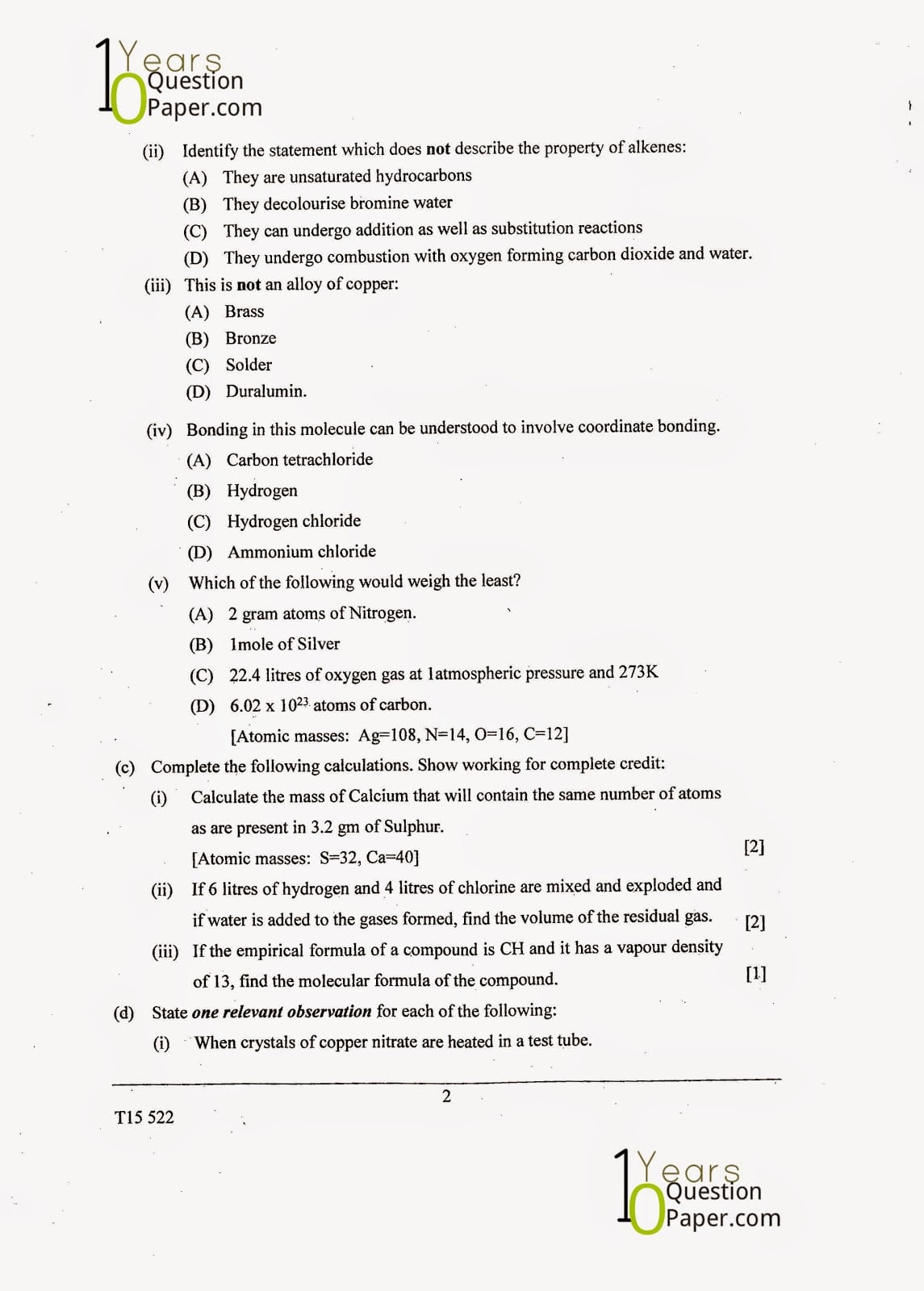 ICSE Class X 2015 Chemistry Question Paper ICSE Class 10 Chemistry 2015 Question Paper