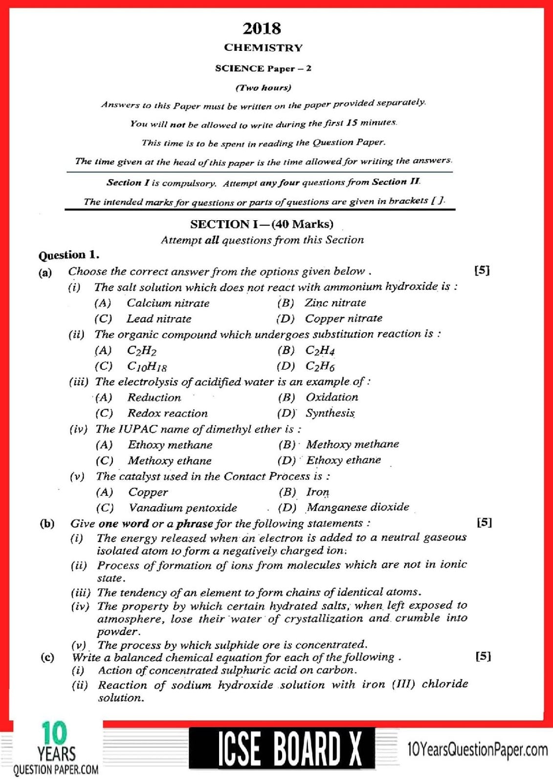 ICSE Class 10 Chemistry 2018 Solved Paper