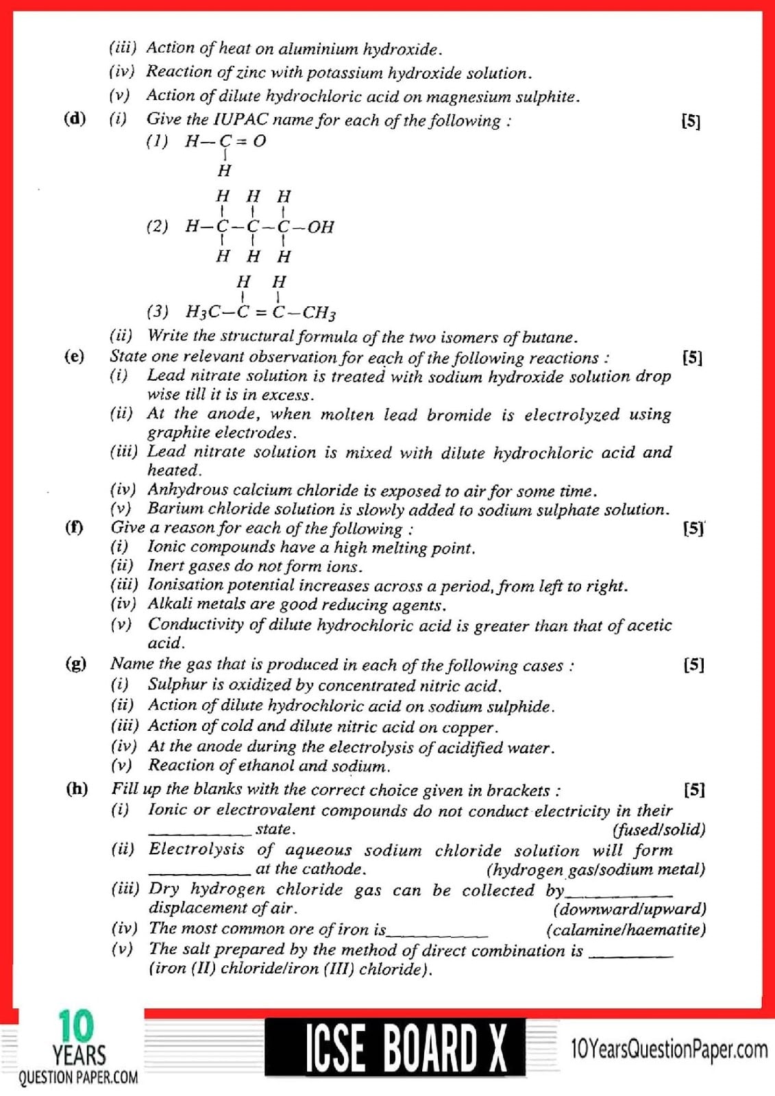 ICSE Class 10 Chemistry 2018 Solved Paper