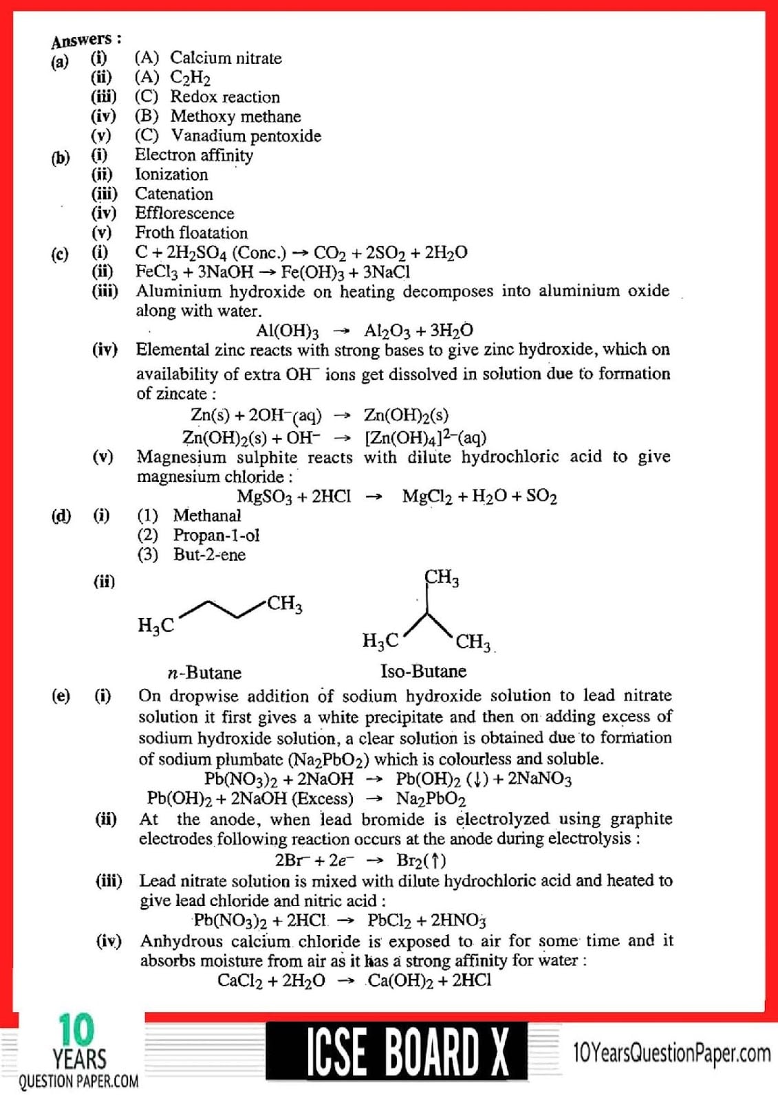 ICSE Class 10 Chemistry 2018 Solved Paper