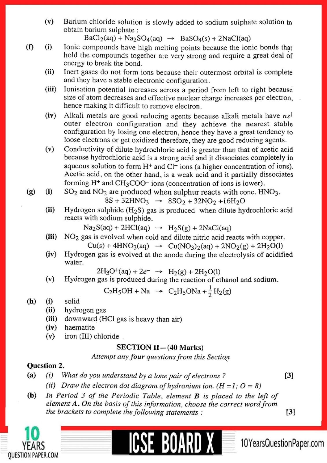 ICSE Class 10 Chemistry 2018 Solved Paper