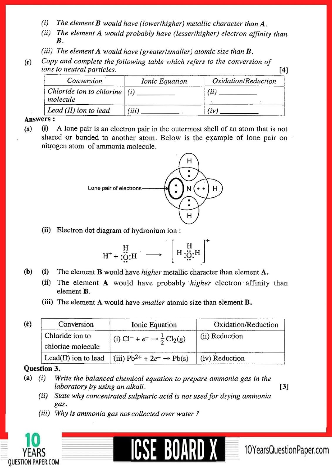 ICSE Class 10 Chemistry 2018 Solved Paper
