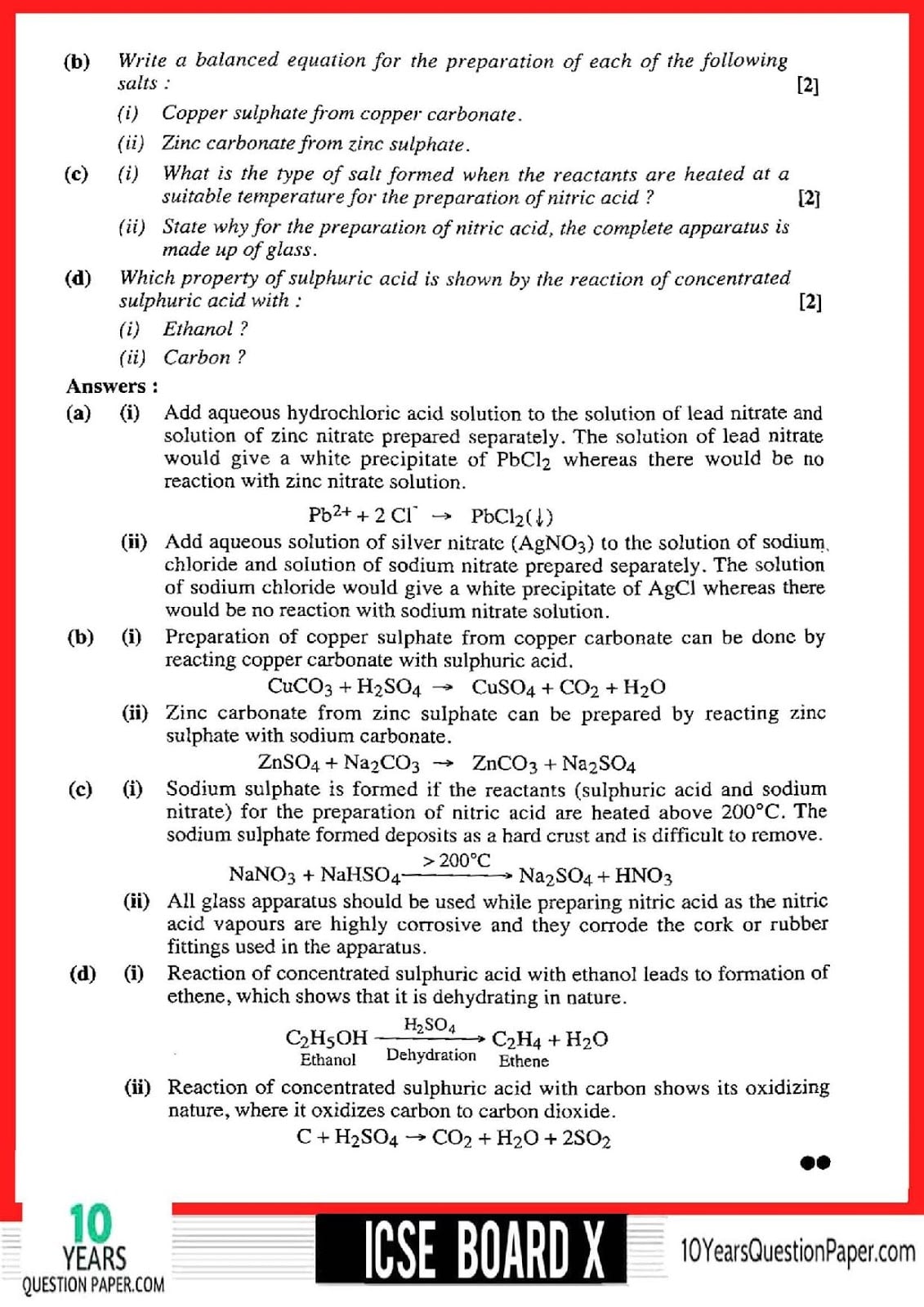 ICSE Class 10 Chemistry 2018 Solved Paper