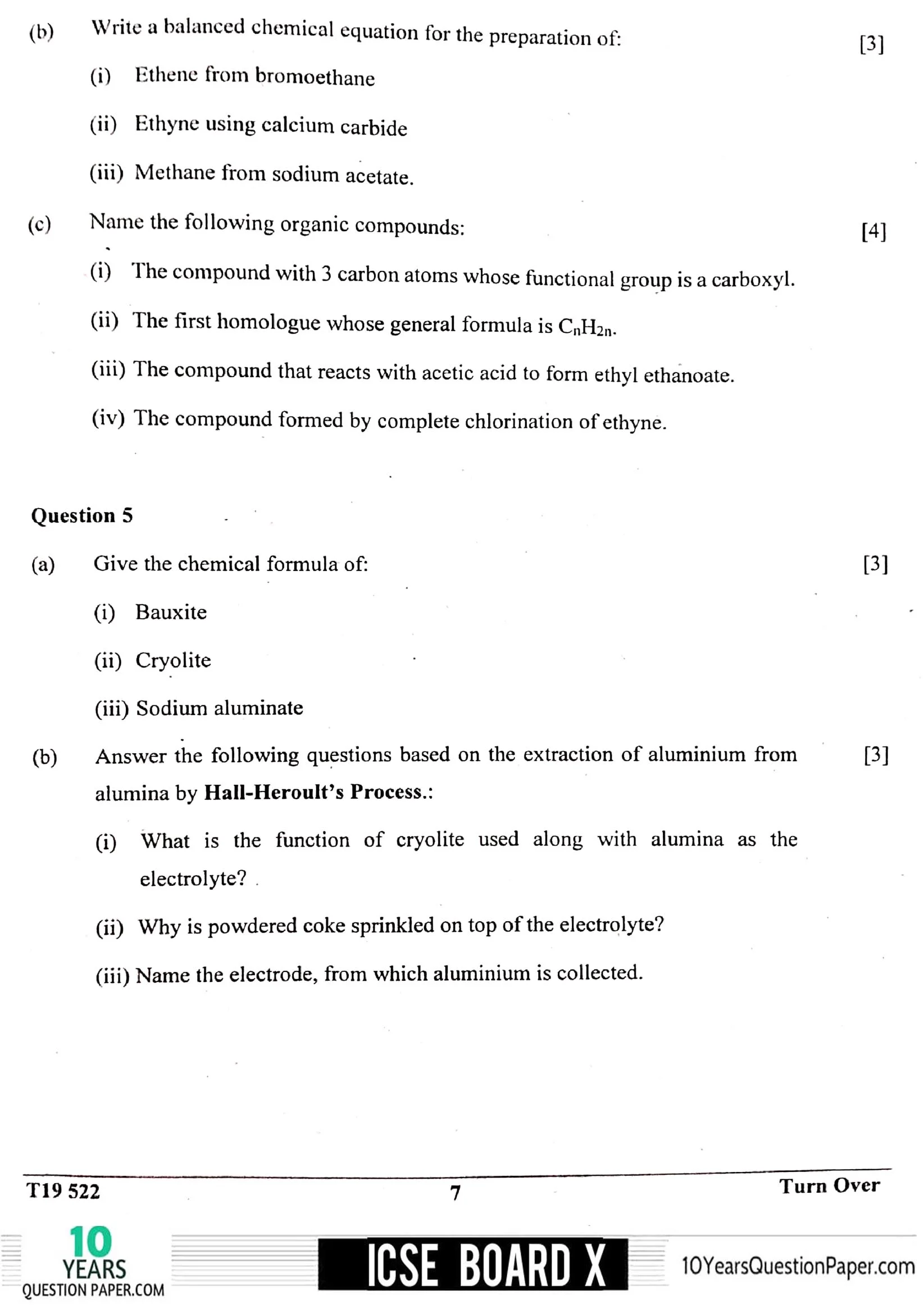 ICSE 2019 Chemistry Question Paper For Class 10