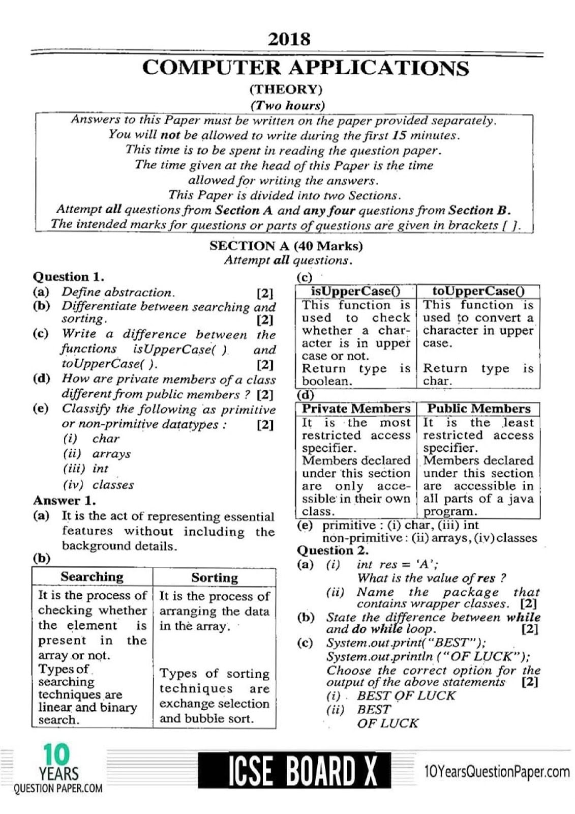 ICSE Class 10 Computer Applications 2018 Solved Paper