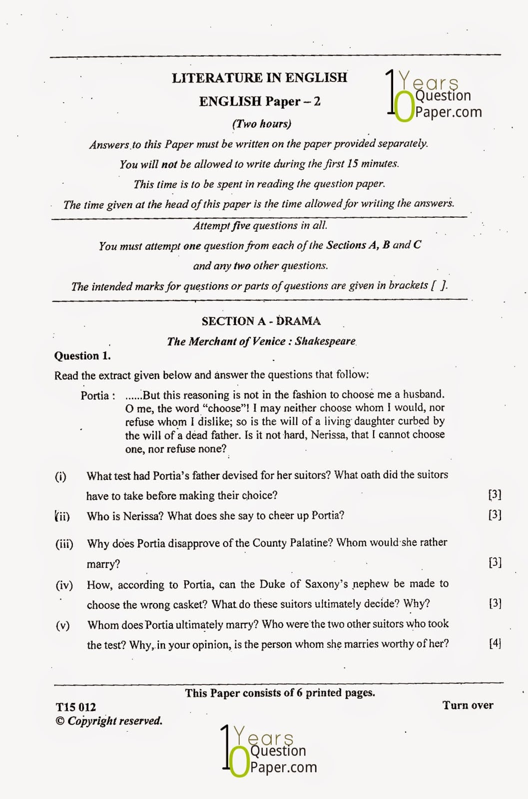 ICSE Class 10 English Literature 2015 Question Paper