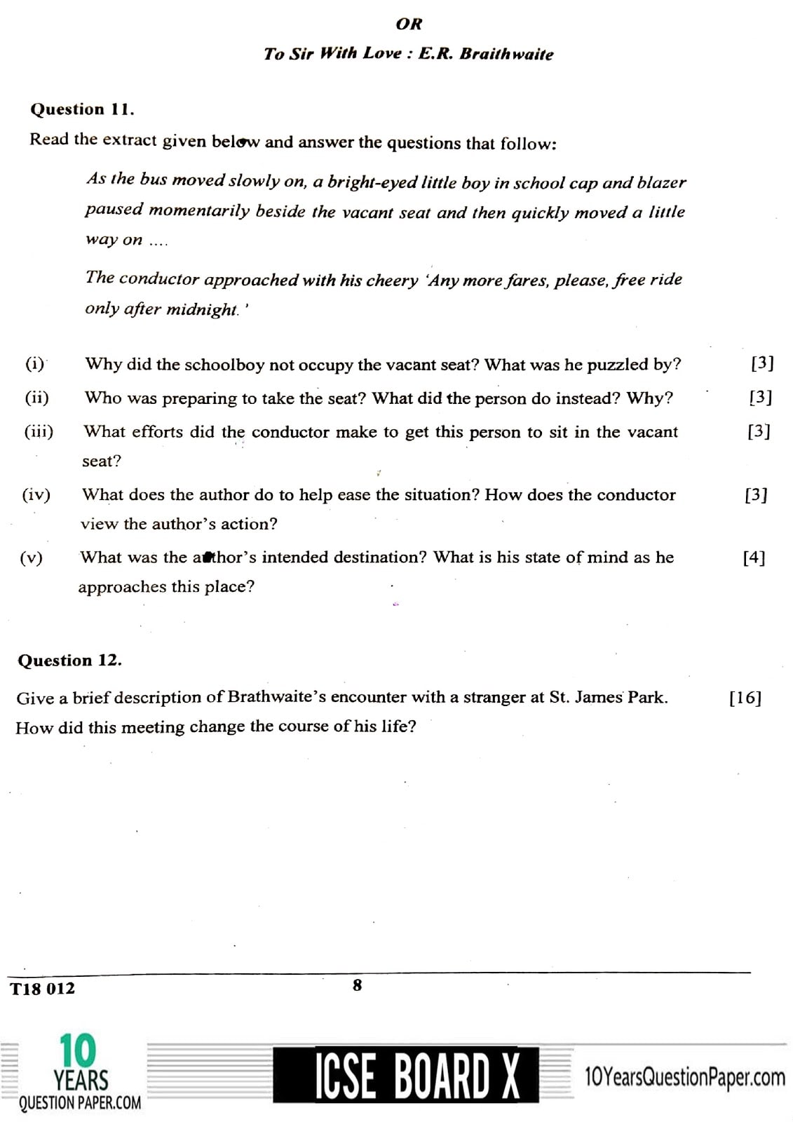 ICSE Class X 2018 English Literature Question Paper ICSE Class 10 English Literature 2018 Question Paper