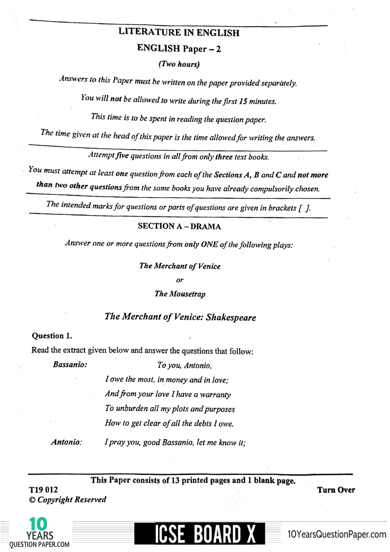 Icse 2019 English Literature Question Paper For Class 10