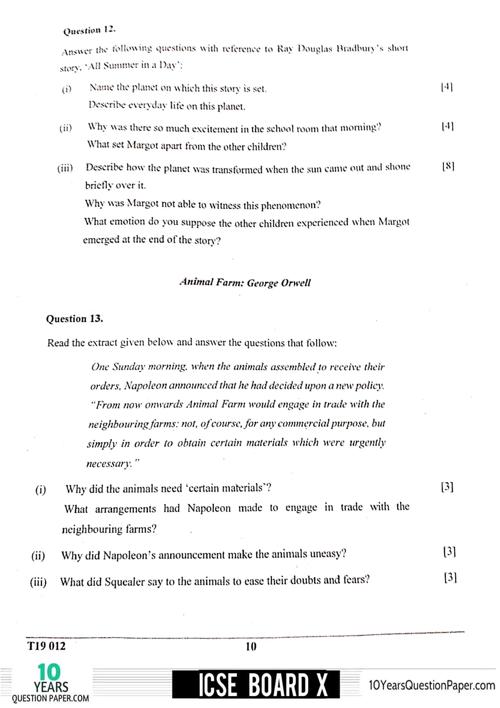 ICSE Class X 2019 English Literature Question Paper ICSE Class 10 English Literature 2019 Question Paper