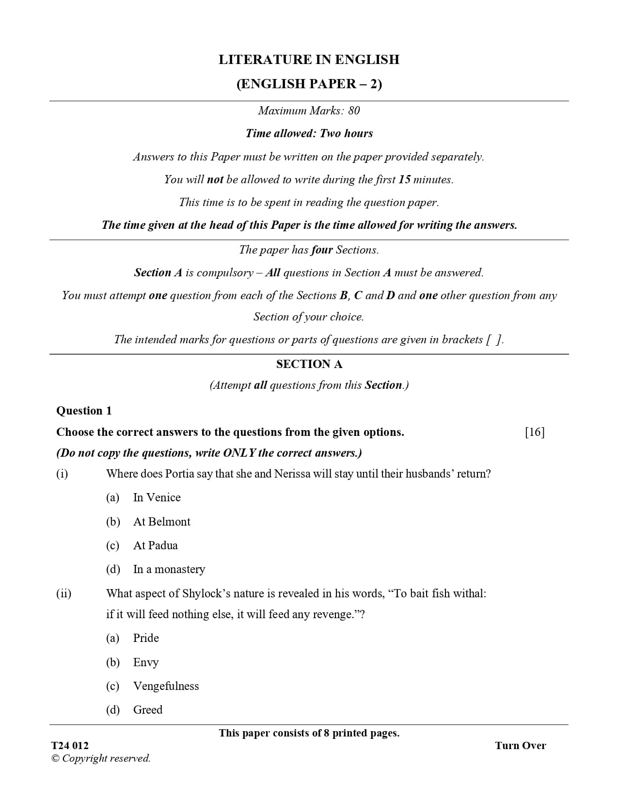 ICSE Class 10 English Literature Question Paper 2024 Solved PDF Download — page 1