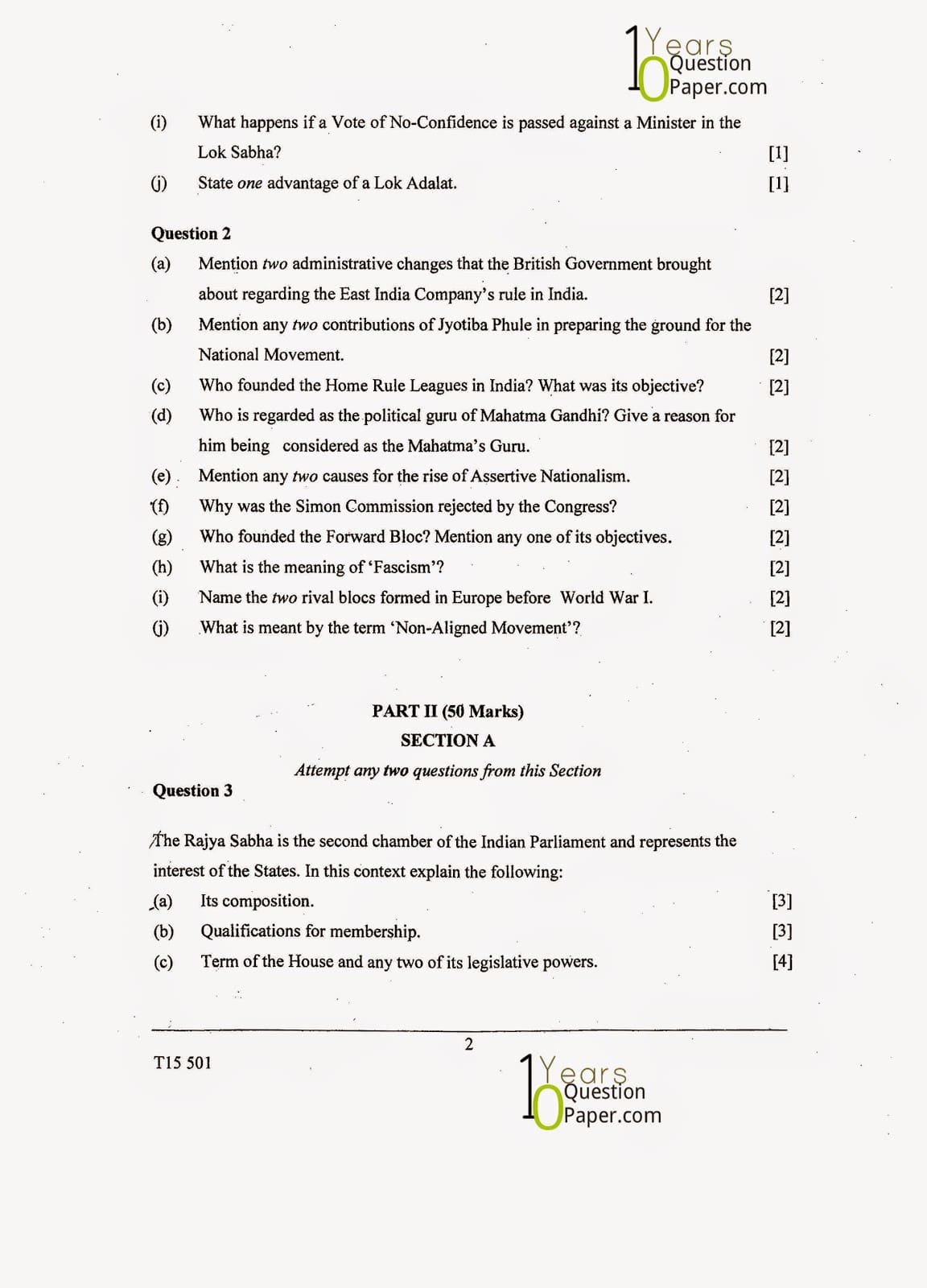 ICSE Class 10 History & Civics 2015 Question Paper