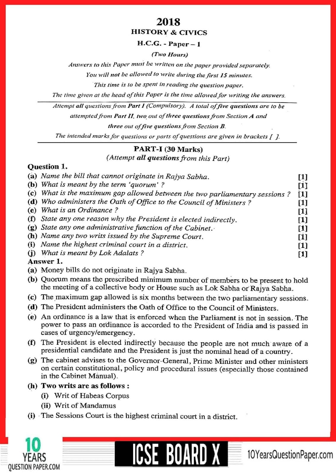 ICSE Class 10 History & Civics 2018 Solved Question Paper