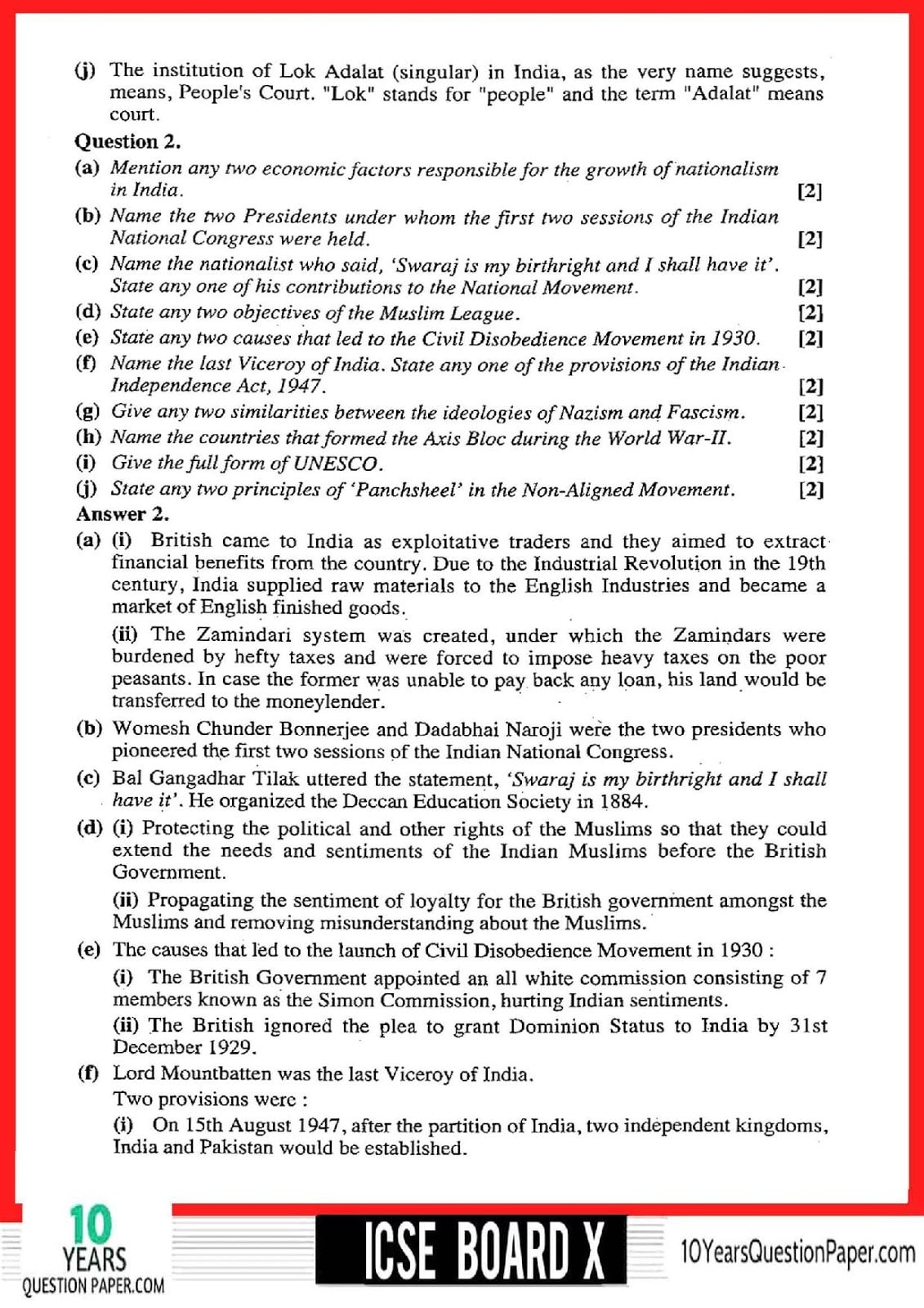 ICSE Class 10 History & Civics 2018 Solved Question Paper