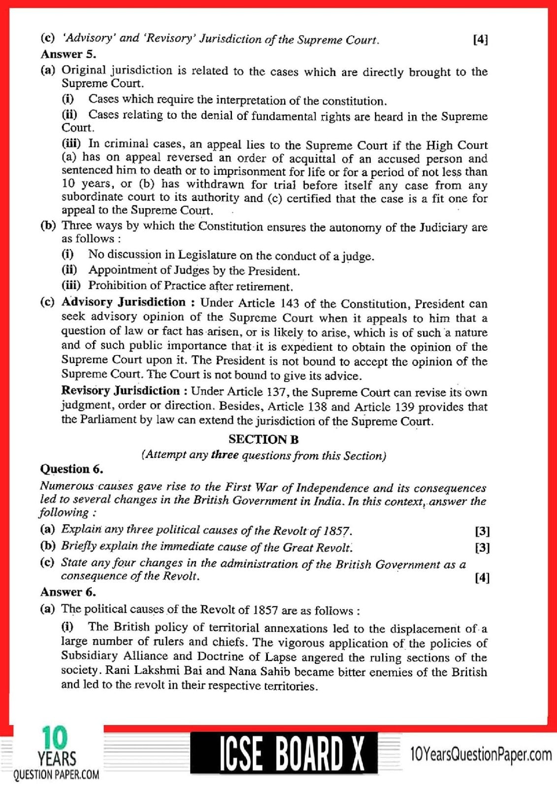 ICSE Class 10 History & Civics 2018 Solved Question Paper