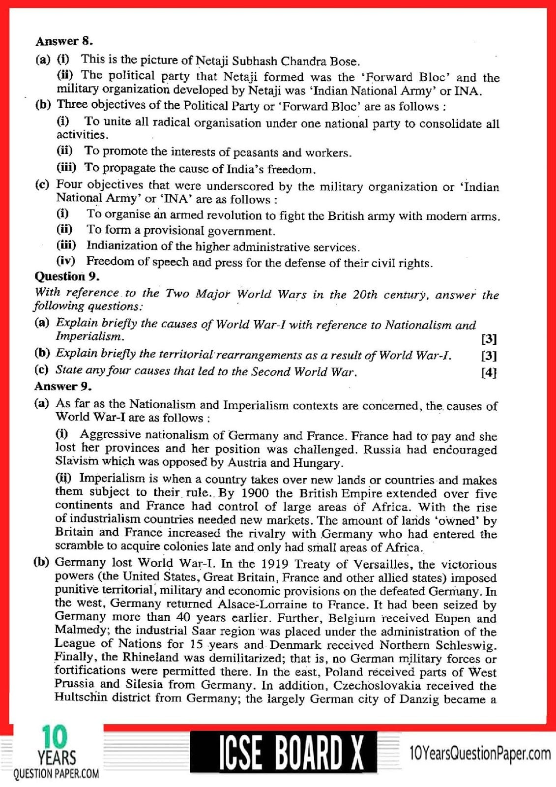 ICSE Class 10 History & Civics 2018 Solved Question Paper