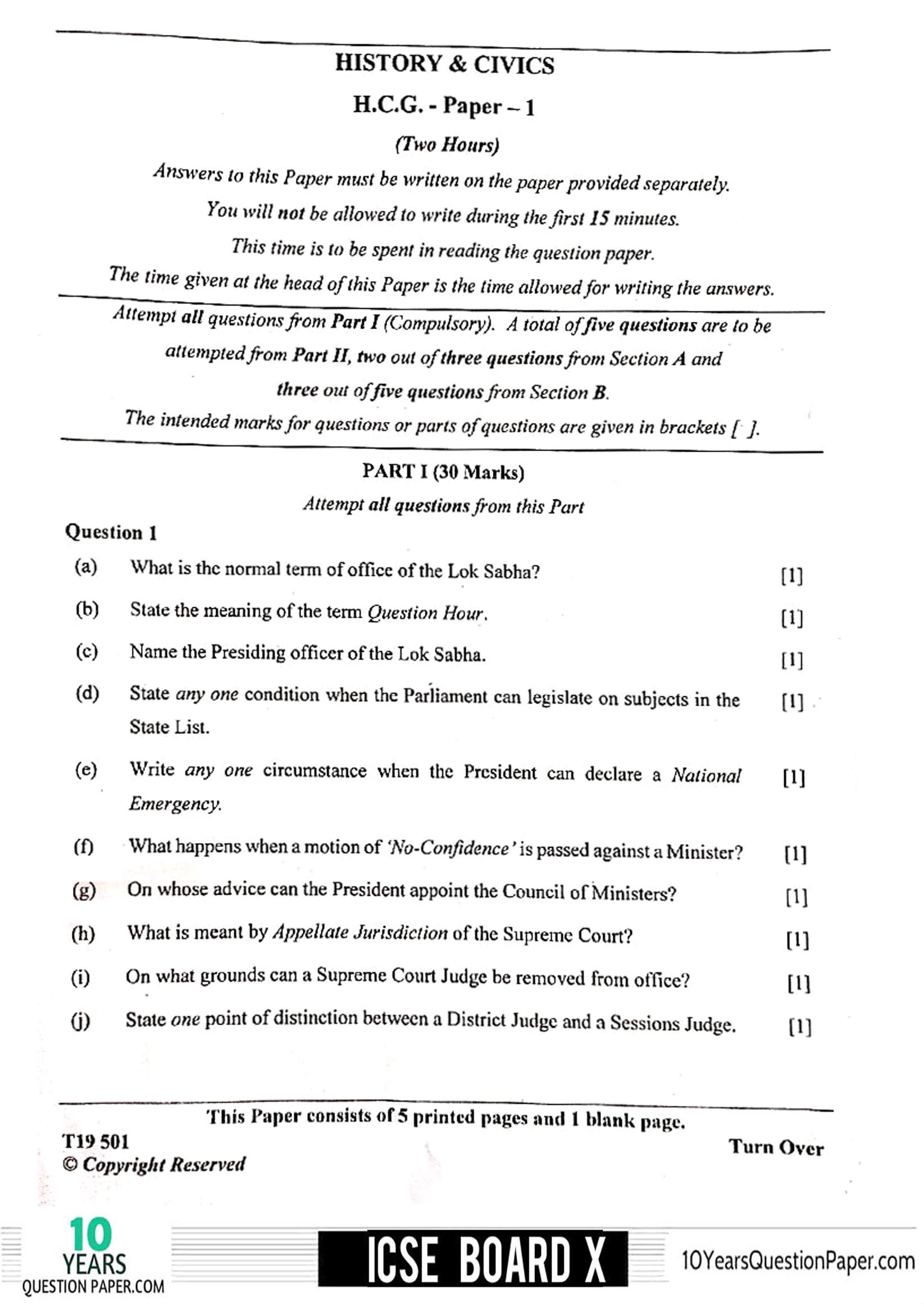 Previous Year Question Paper Icse Class 10th Image To U