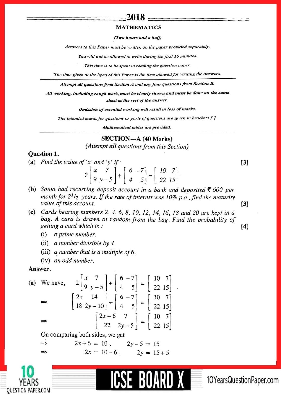 ICSE Class 10 Mathematics 2018 Solved Question Paper