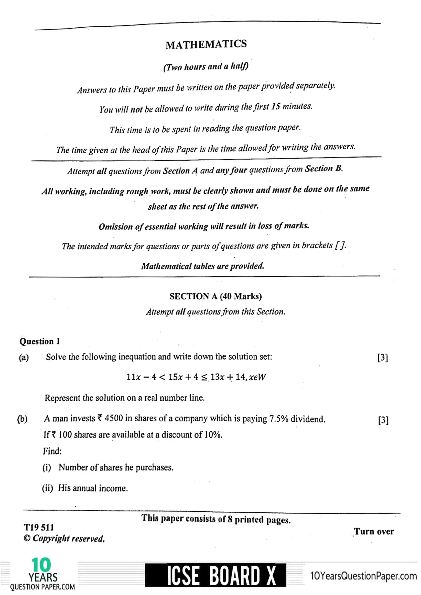 ICSE 2019 Mathematics Question Paper for Class 10