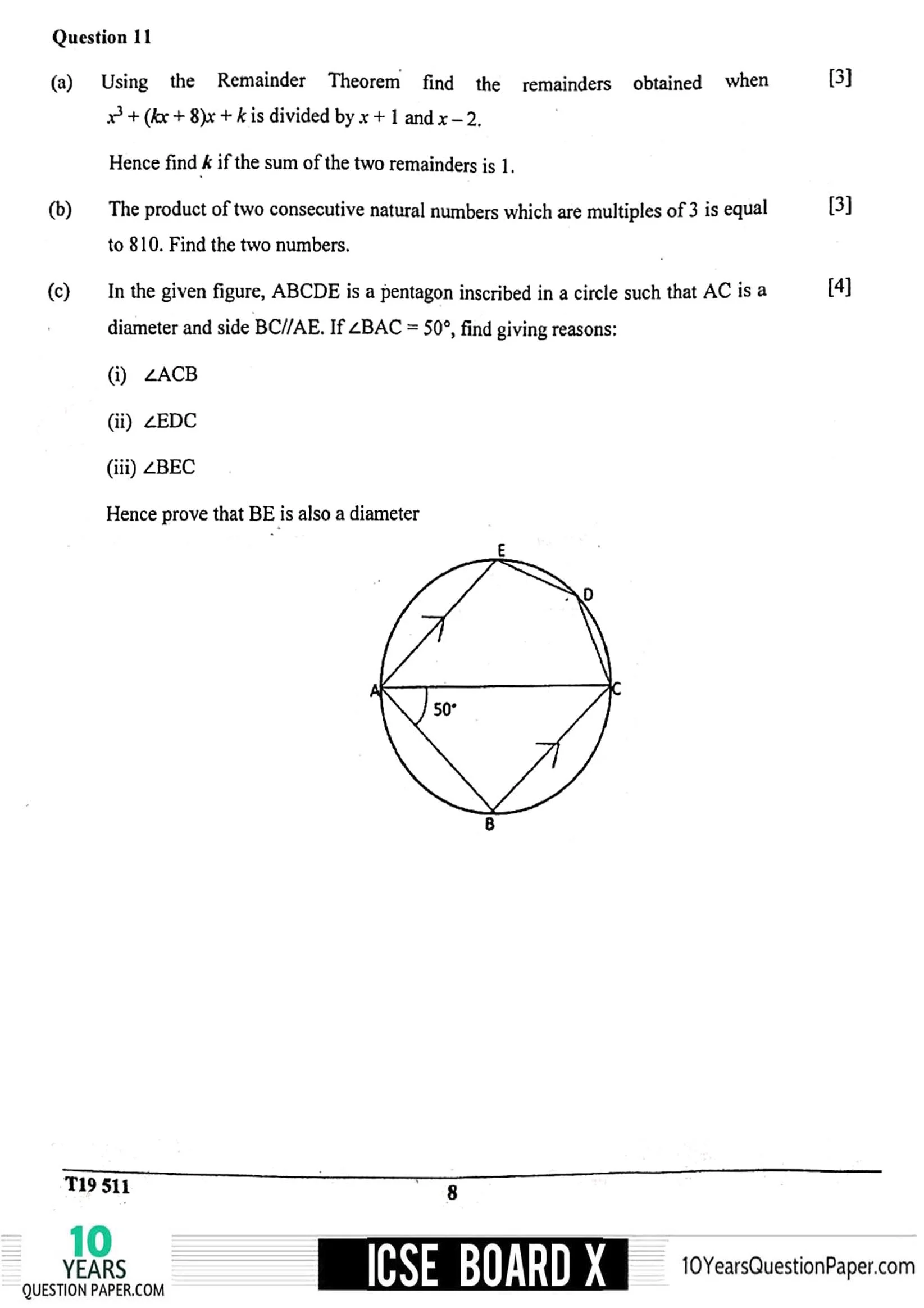 ICSE 2019 Mathematics Question Paper for Class 10