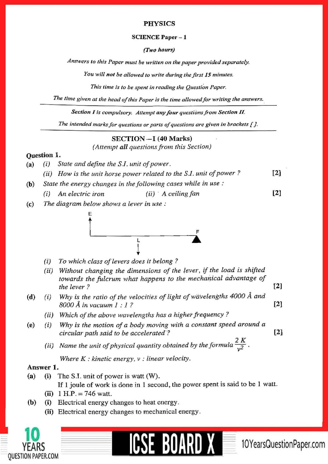 ICSE Class 10 Physics 2018 Solved Question Paper