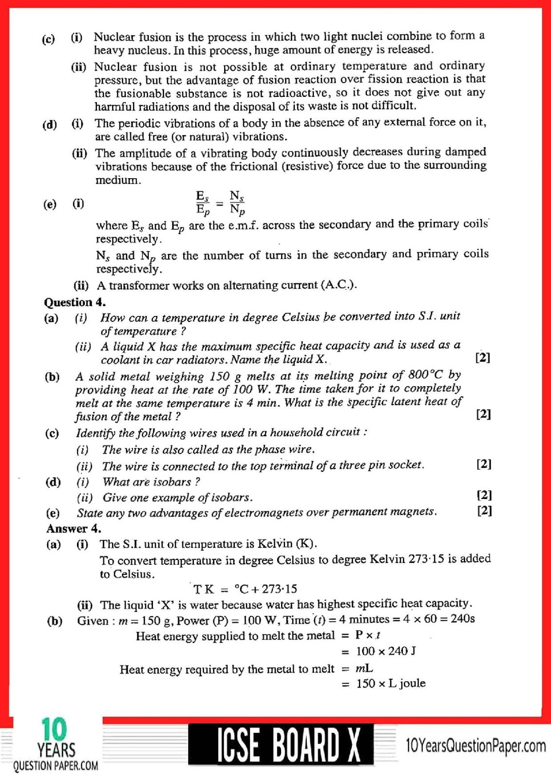 ICSE Class 10 Physics 2018 Solved Question Paper