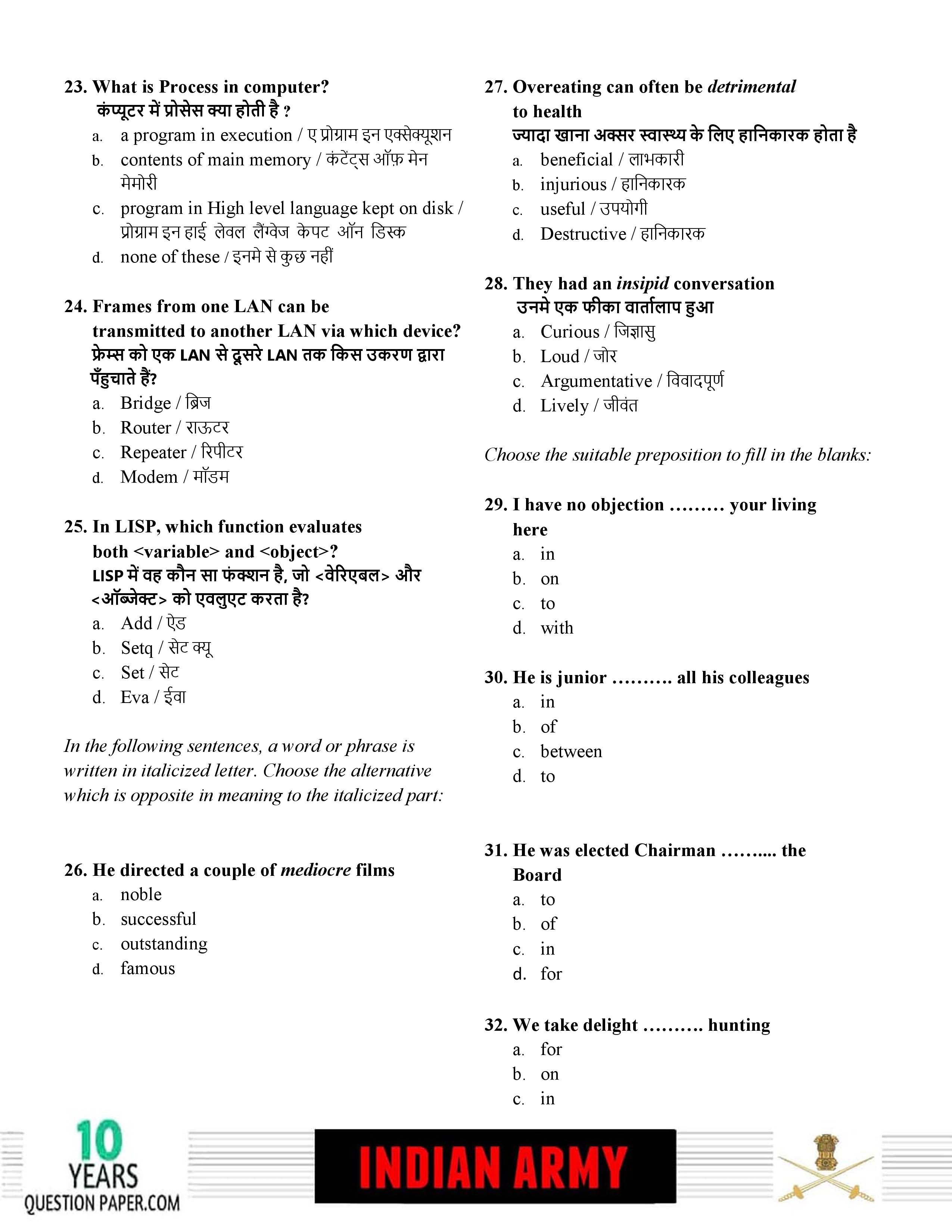 Indian Army Clerk 2019 Question Paper