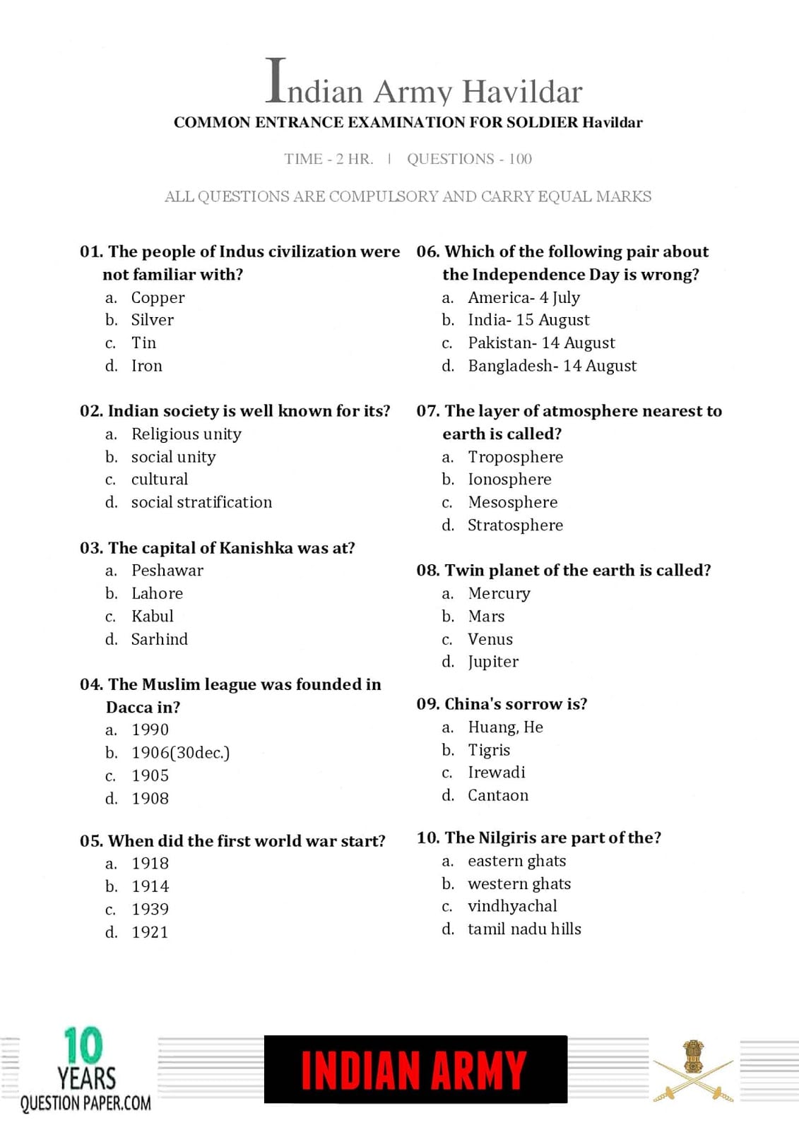 Indian Army Havildar 2018 Question Paper with Answer Key — page 1