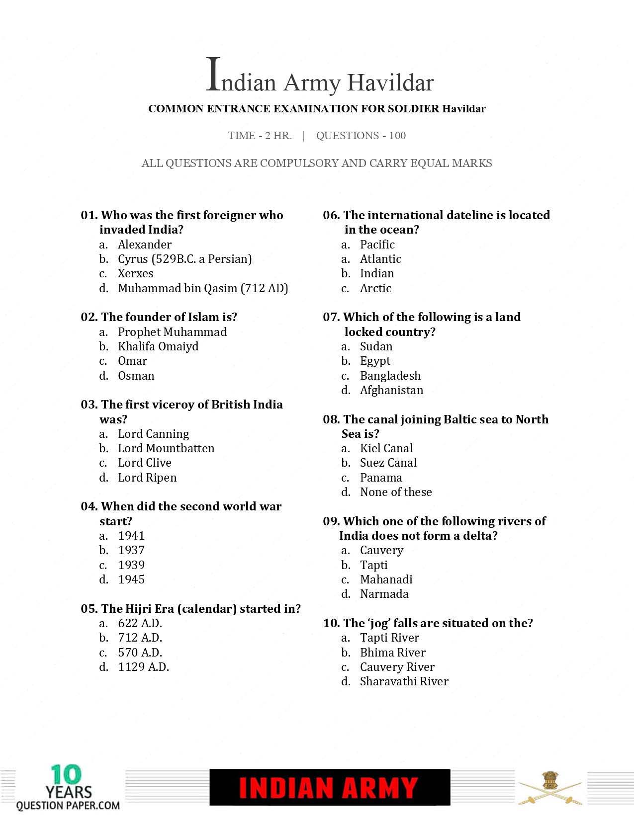 Indian Army Havildar 2019 Question Paper with Answer Key — page 1