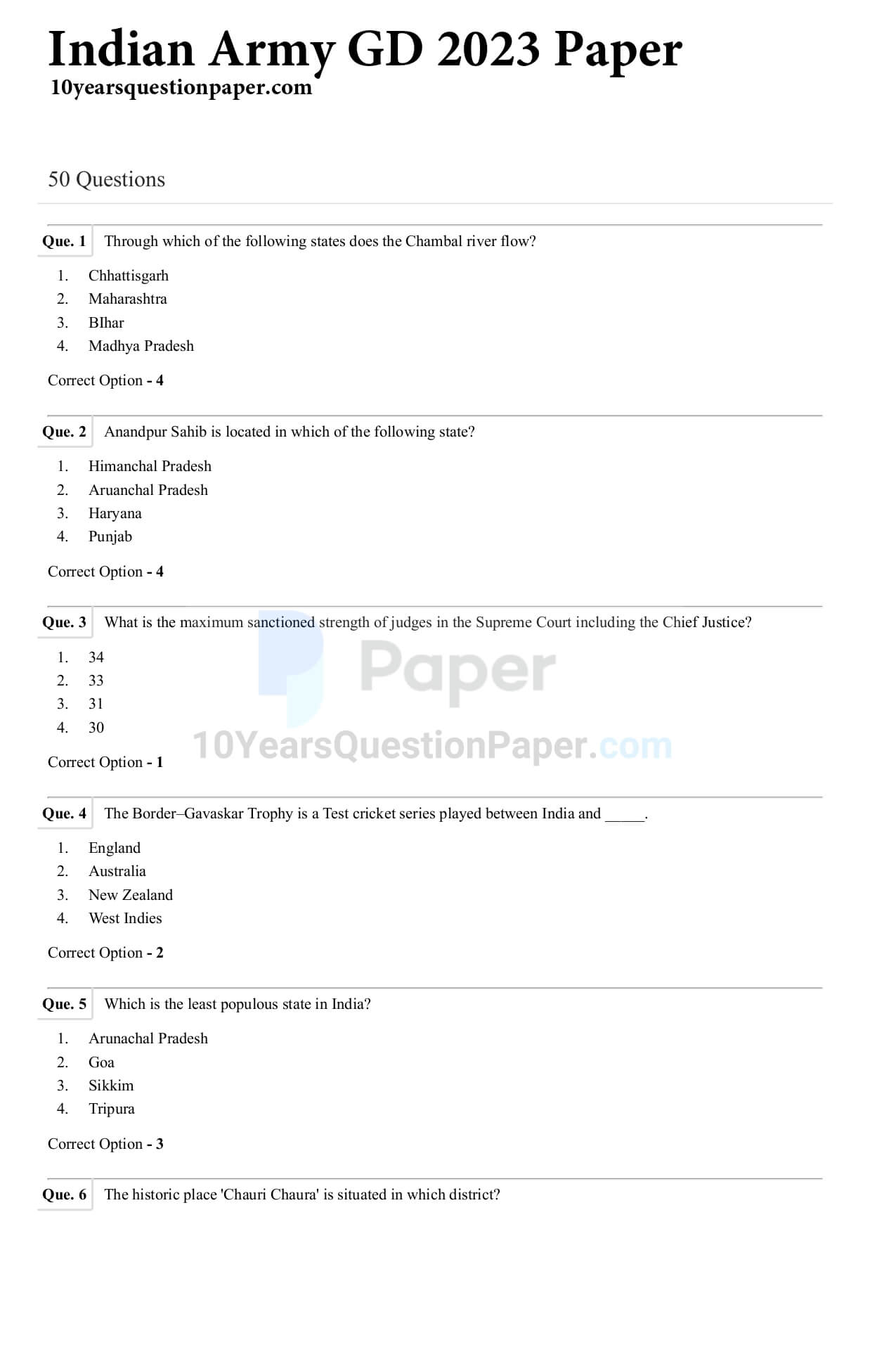 Indian Army GD 2023 Question Paper with Answer Key — page 1