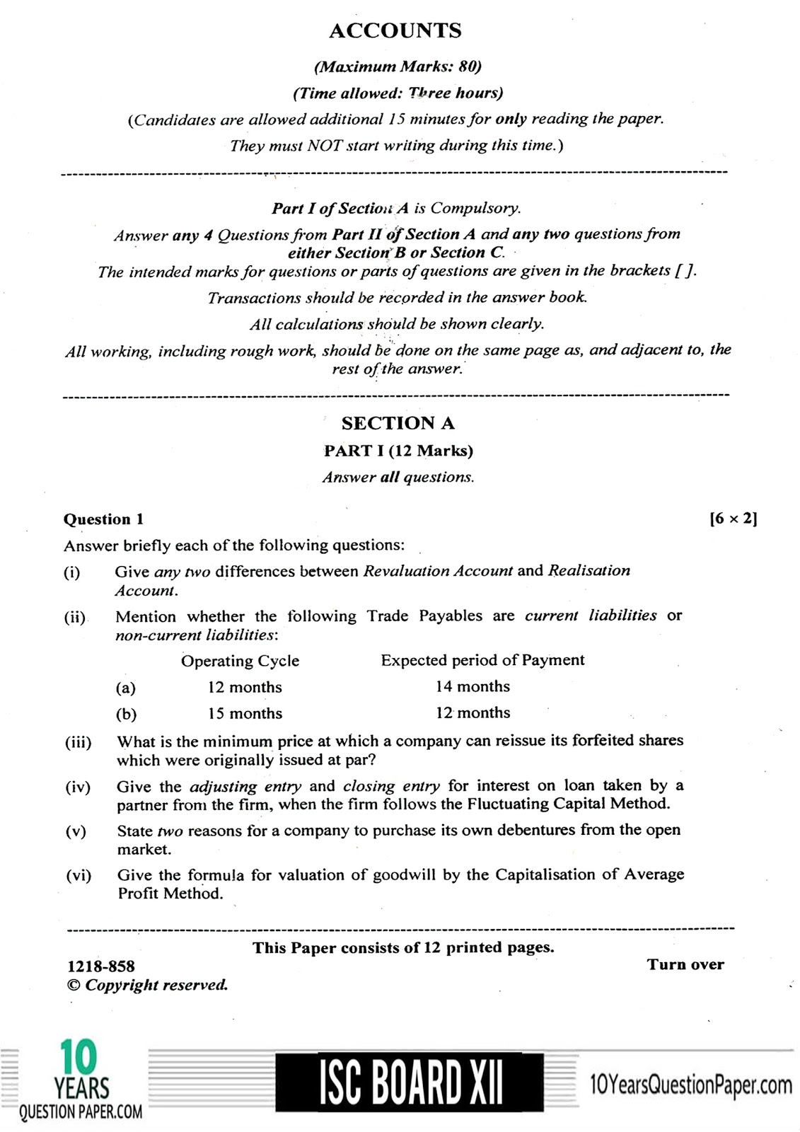 ISC Class 12 Accounts 2018 Question Paper