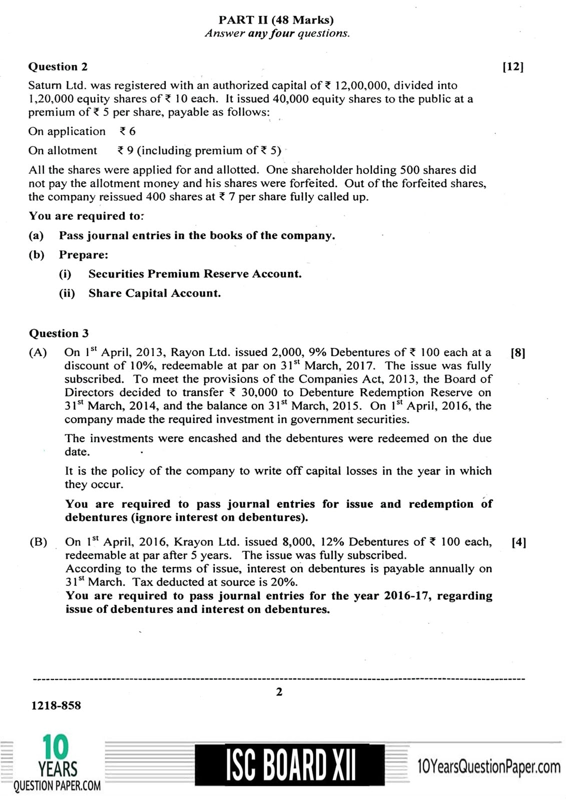 ISC Class 12 Accounts 2018 Question Paper