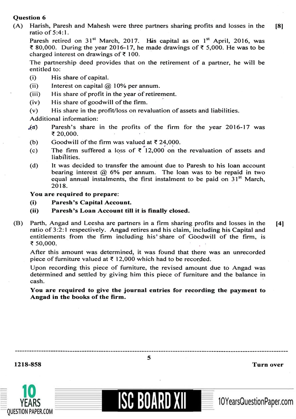 ISC Class 12 Accounts 2018 Question Paper