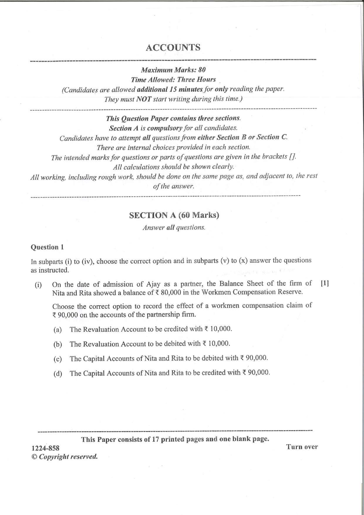 ISC 2024 Accounts Question Paper for Class 12 — page 1