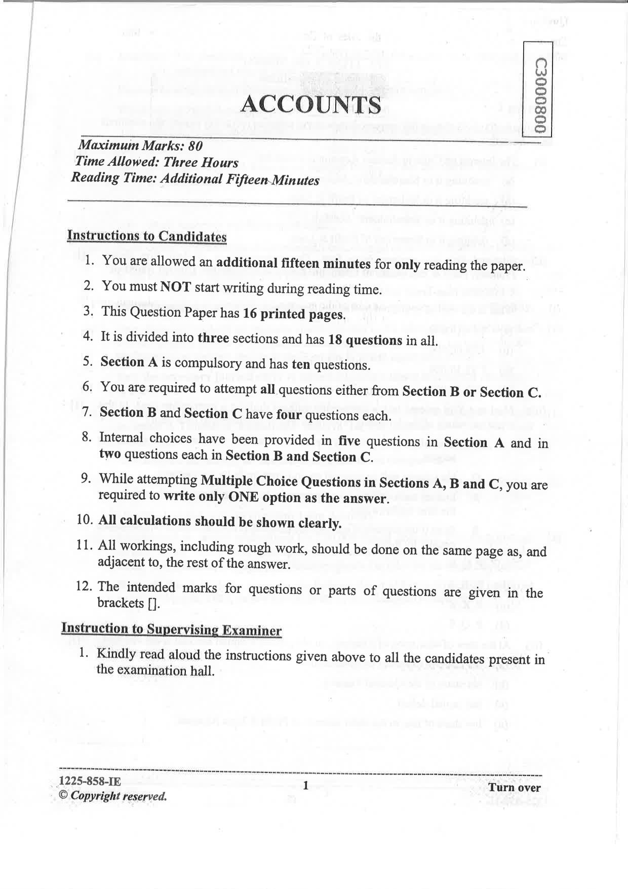 ISC 2025 Accounts Improvement Examination Question Paper for Class 12 — page 1