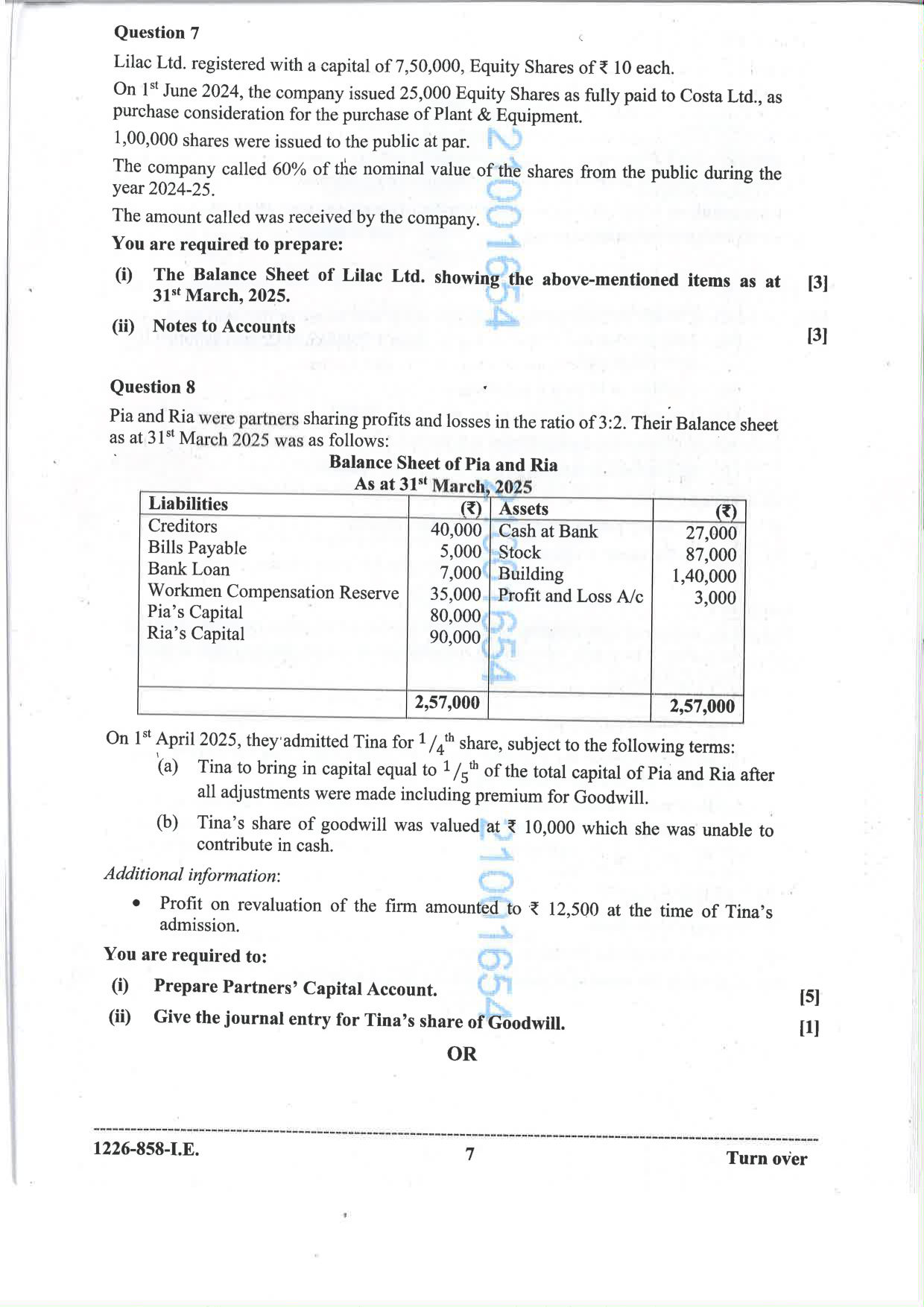 ISC 2026 Accounts Improvement Examination Question Paper for Class 12 — page 7