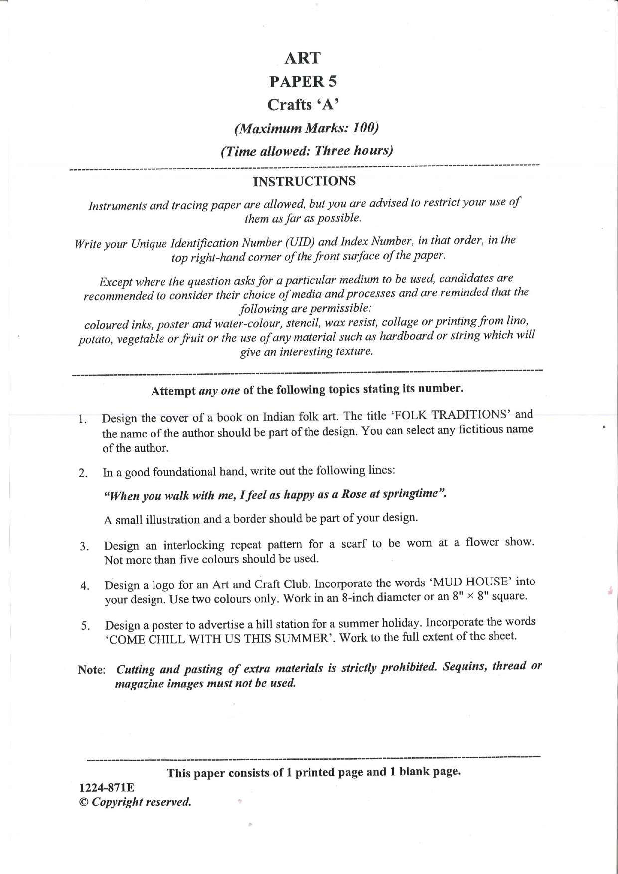 ISC 2024 Art Paper 5 Question Paper for Class 12 — page 1