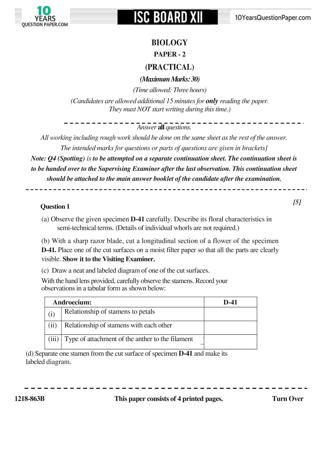 ISC Class 12 Biology practical 2018 Question Paper