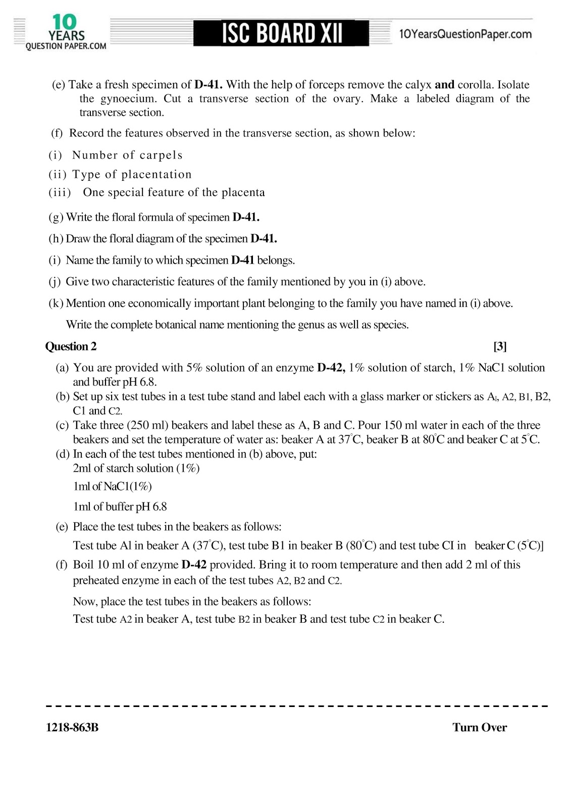 ISC Class 12 Biology practical 2018 Question Paper