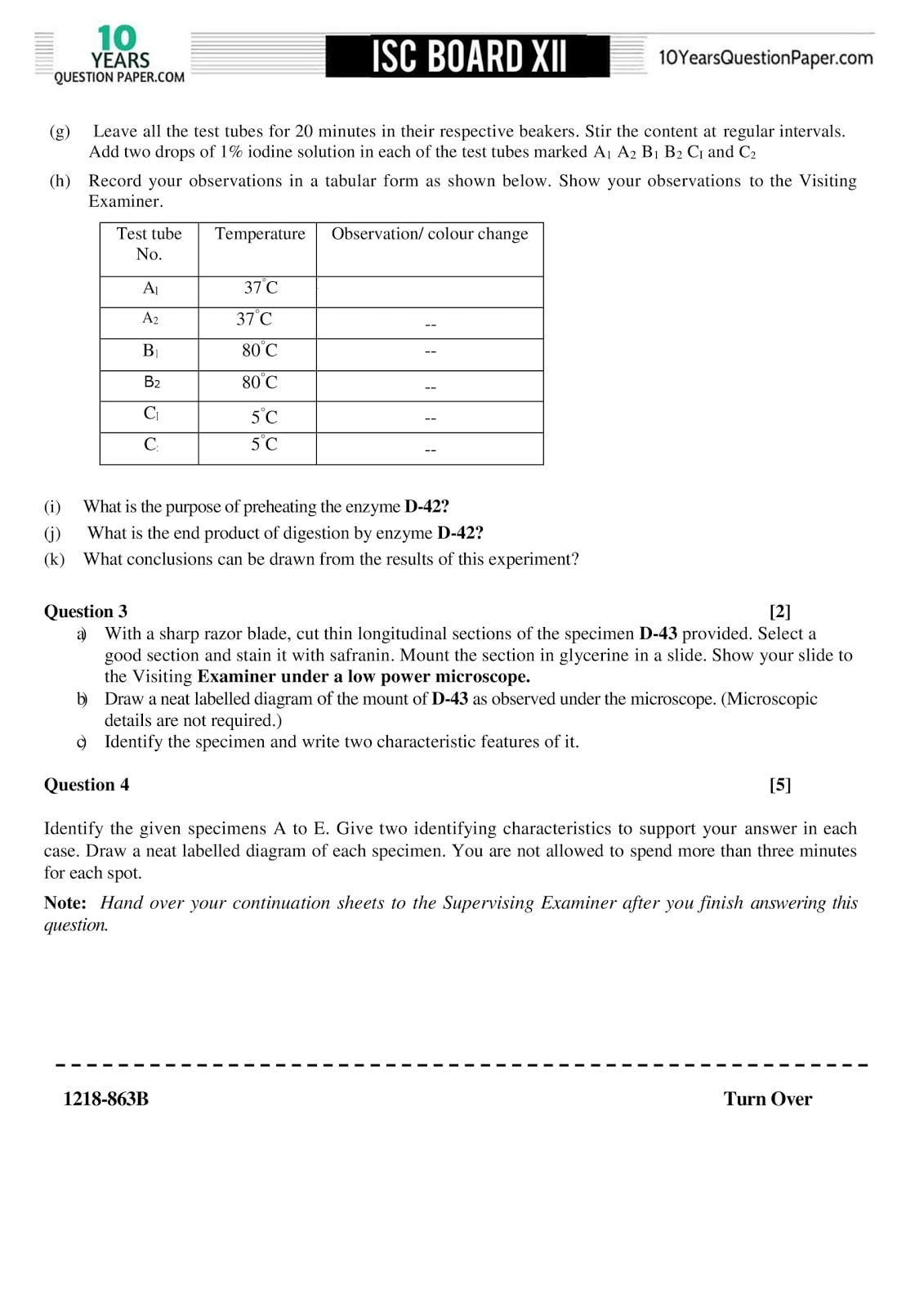 ISC Class 12 Biology practical 2018 Question Paper