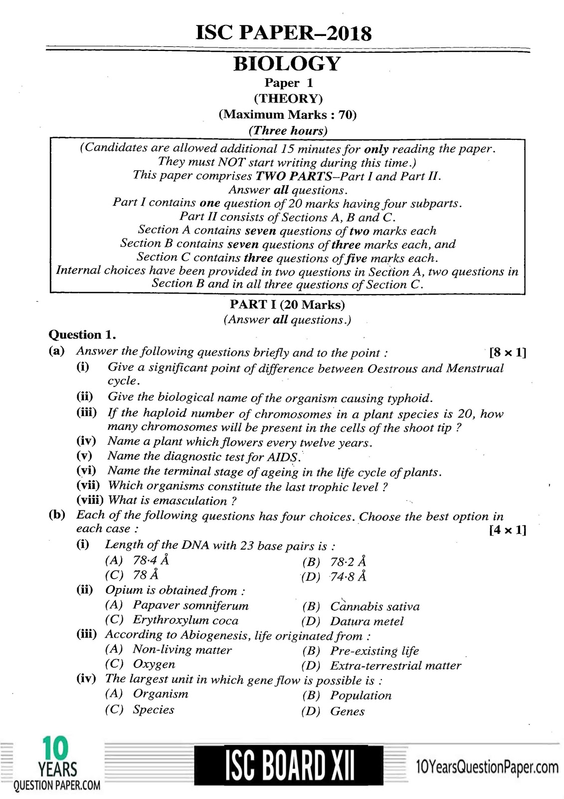 ISC Class 12 Biology Solved 2018 Question Paper