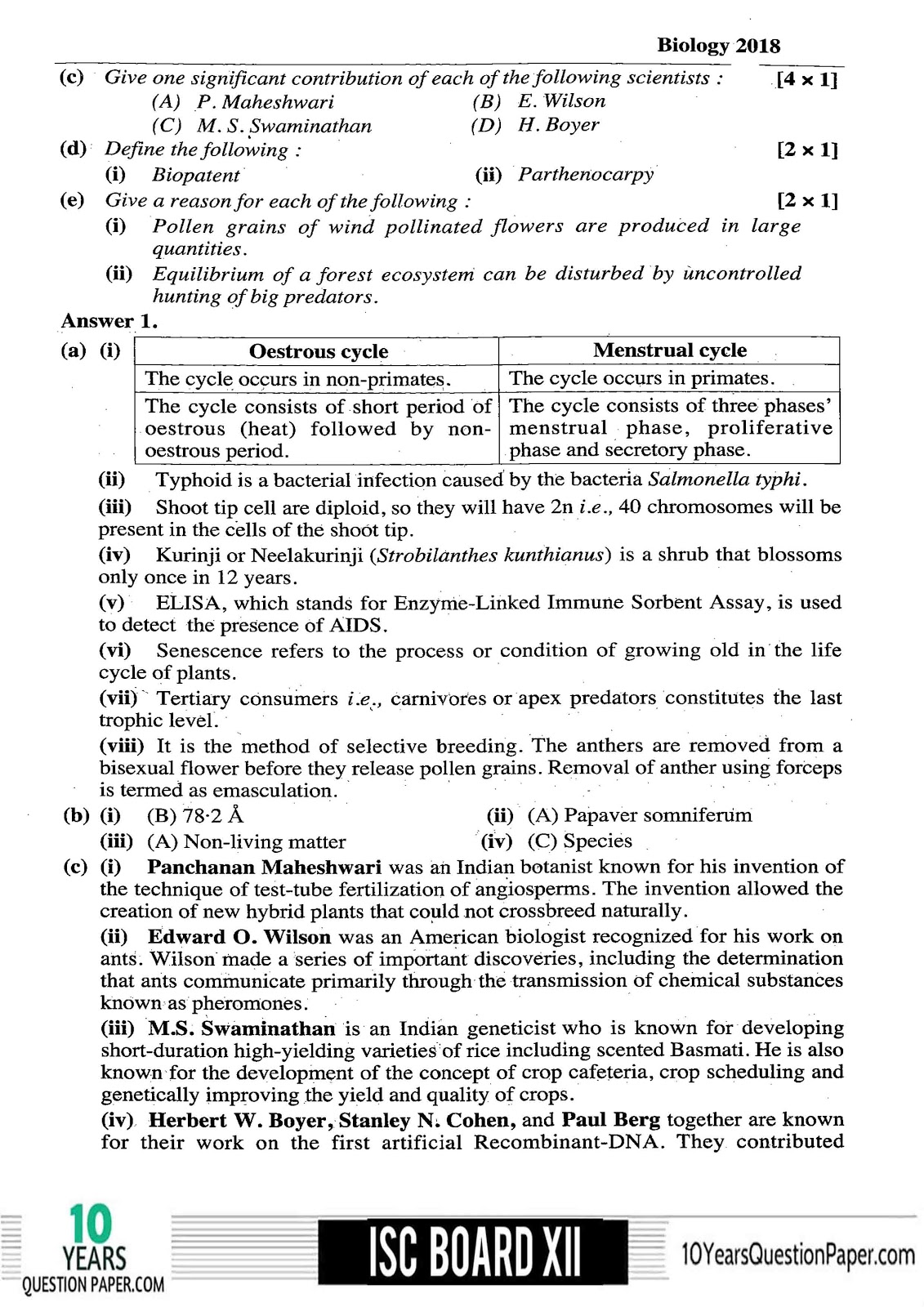 ISC Class 12 Biology Solved 2018 Question Paper